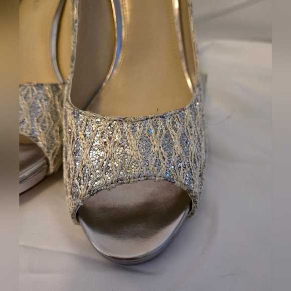 Enzo Angiolini Silver Sparkle Peep Toe Heels | Size 10.5 - Picture 3 of 8